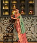 Green Silk Zari Base Chaap Handloom Weaving Added With Blouse Piece