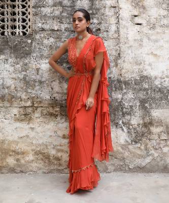 Rust pre draped saree set 1