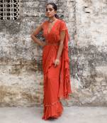Rust pre draped saree set