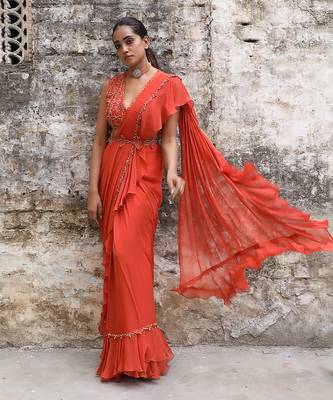 Rust pre draped saree set 2