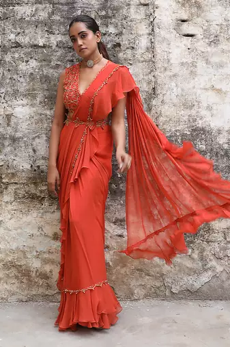 Rust pre draped saree set