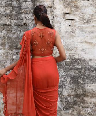 Rust pre draped saree set 3