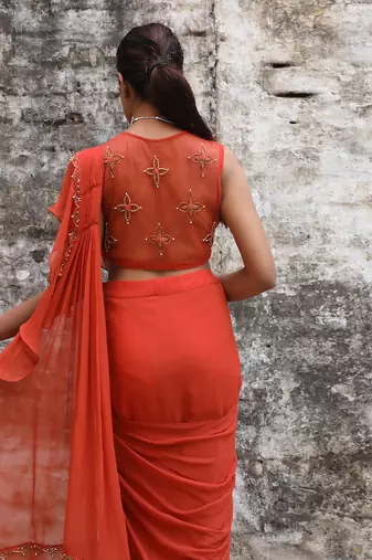 Rust pre draped saree set