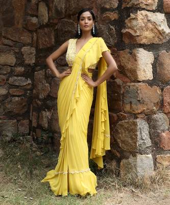 Lime yellow draped saree set 1
