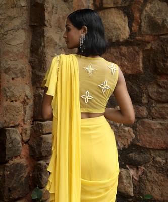 Lime yellow draped saree set 2