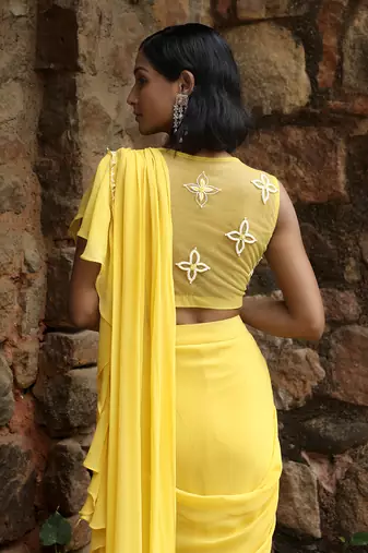 Lime yellow draped saree set