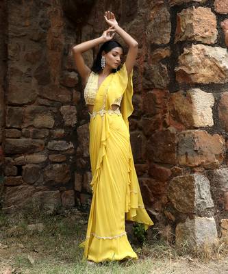 Lime yellow draped saree set 3