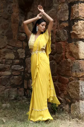 Lime yellow draped saree set
