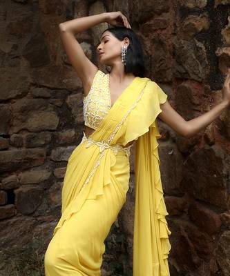 Lime yellow draped saree set 4