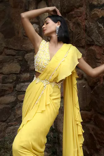 Lime yellow draped saree set
