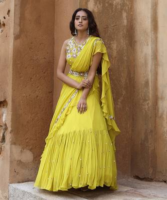 Lime green lehenga saree set 1