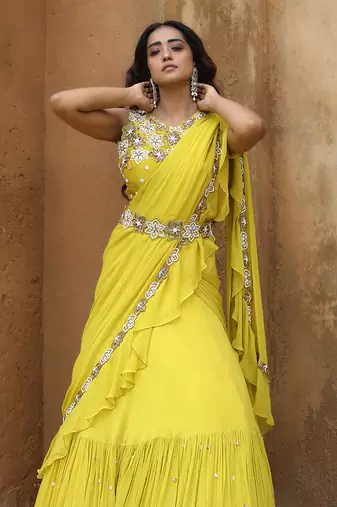 Lime green lehenga saree set