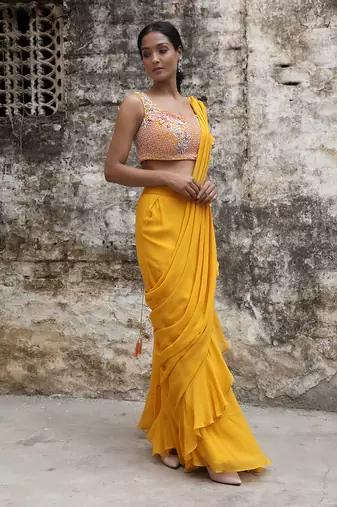 Mustard pre drape saree
