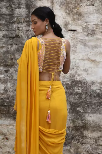 Mustard pre drape saree