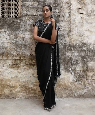 Black pre draped saree set 1