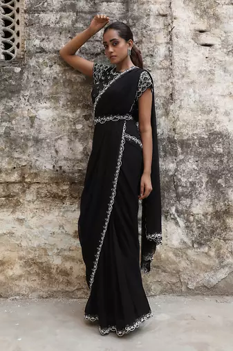 Black pre draped saree set