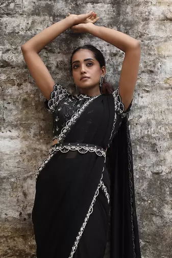 Black pre draped saree set