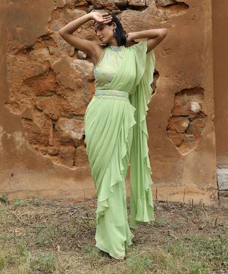 Mint green pre draped saree set 1