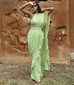 Mint green pre draped saree set
