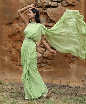 Mint green pre draped saree set 2