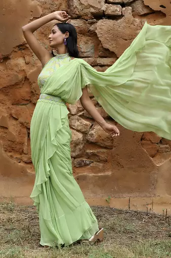 Mint green pre draped saree set