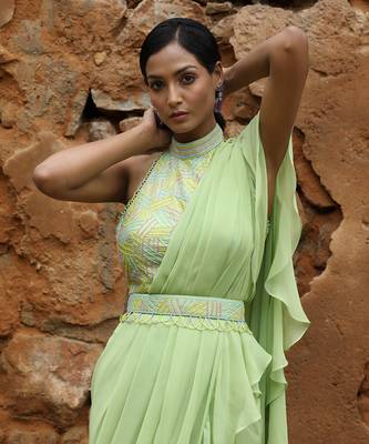 Mint green pre draped saree set 3