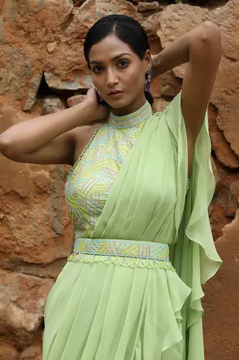 Mint green pre draped saree set