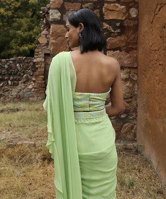 Mint green pre draped saree set 4