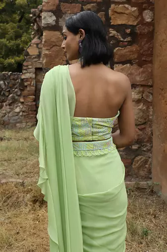 Mint green pre draped saree set