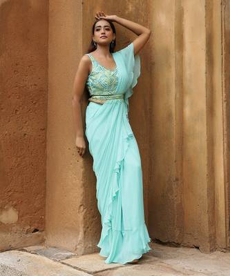 Aqua blue draped saree set 1