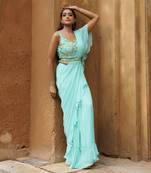 Aqua blue draped saree set