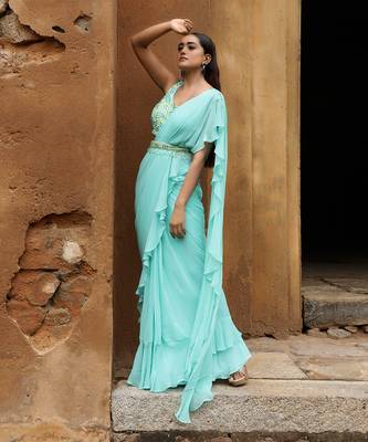Aqua blue draped saree set 2