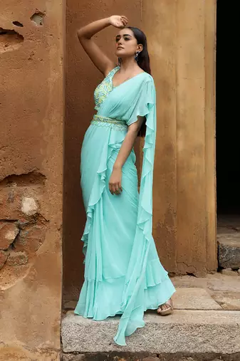 Aqua blue draped saree set