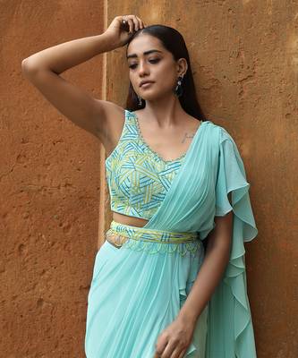 Aqua blue draped saree set 3