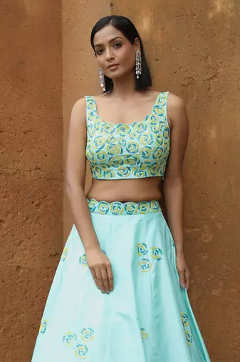 Aqua And Yellow Ombre Lehenga Set