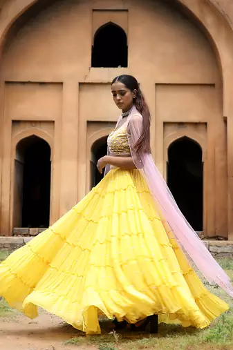 Yellow Mermaid Layered Lehenga Set