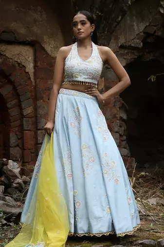 Powder Blue Circles Embellished Lehenga Set
