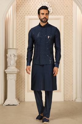 Blue kurta pajama set with embroideried nehru jacket 1