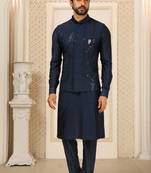 Blue kurta pajama set with embroideried nehru jacket