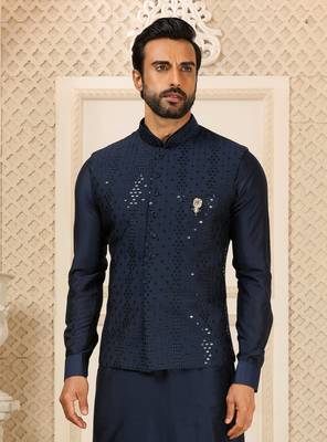 Blue kurta pajama set with embroideried nehru jacket 2