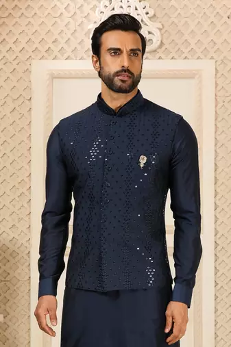 Blue kurta pajama set with embroideried nehru jacket