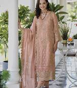 Peach color soft organza semi stitched embroidered designer suit