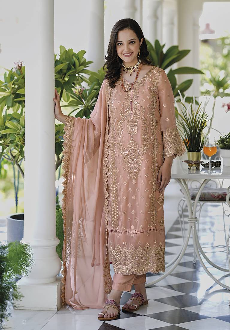 Embroidery Peach Colour Coat Pant Design Peach Color Soft Organza