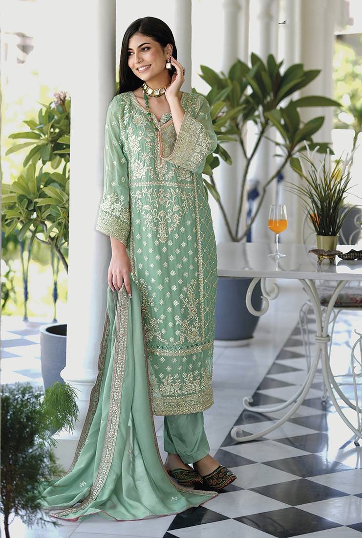 Sea green color soft organza semi stitched embroidered designer suit -  Hirpara House - 4221954