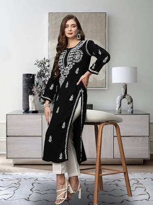 Ada Hand Embroidered Black Rayon Lucknowi Chikankari Indian Straight Kurta for Women - A411483 1