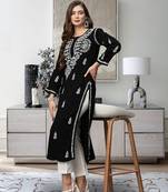 Ada Hand Embroidered Black Rayon Lucknowi Chikankari Indian Straight Kurta for Women - A411483