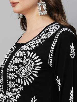 Ada Hand Embroidered Black Rayon Lucknowi Chikankari Indian Straight Kurta for Women - A411483 2