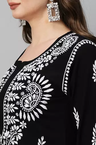 Ada Hand Embroidered Black Rayon Lucknowi Chikankari Indian Straight Kurta for Women - A411483
