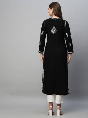 Ada Hand Embroidered Black Rayon Lucknowi Chikankari Indian Straight Kurta for Women - A411483 3