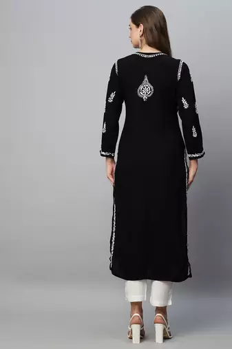 Ada Hand Embroidered Black Rayon Lucknowi Chikankari Indian Straight Kurta for Women - A411483